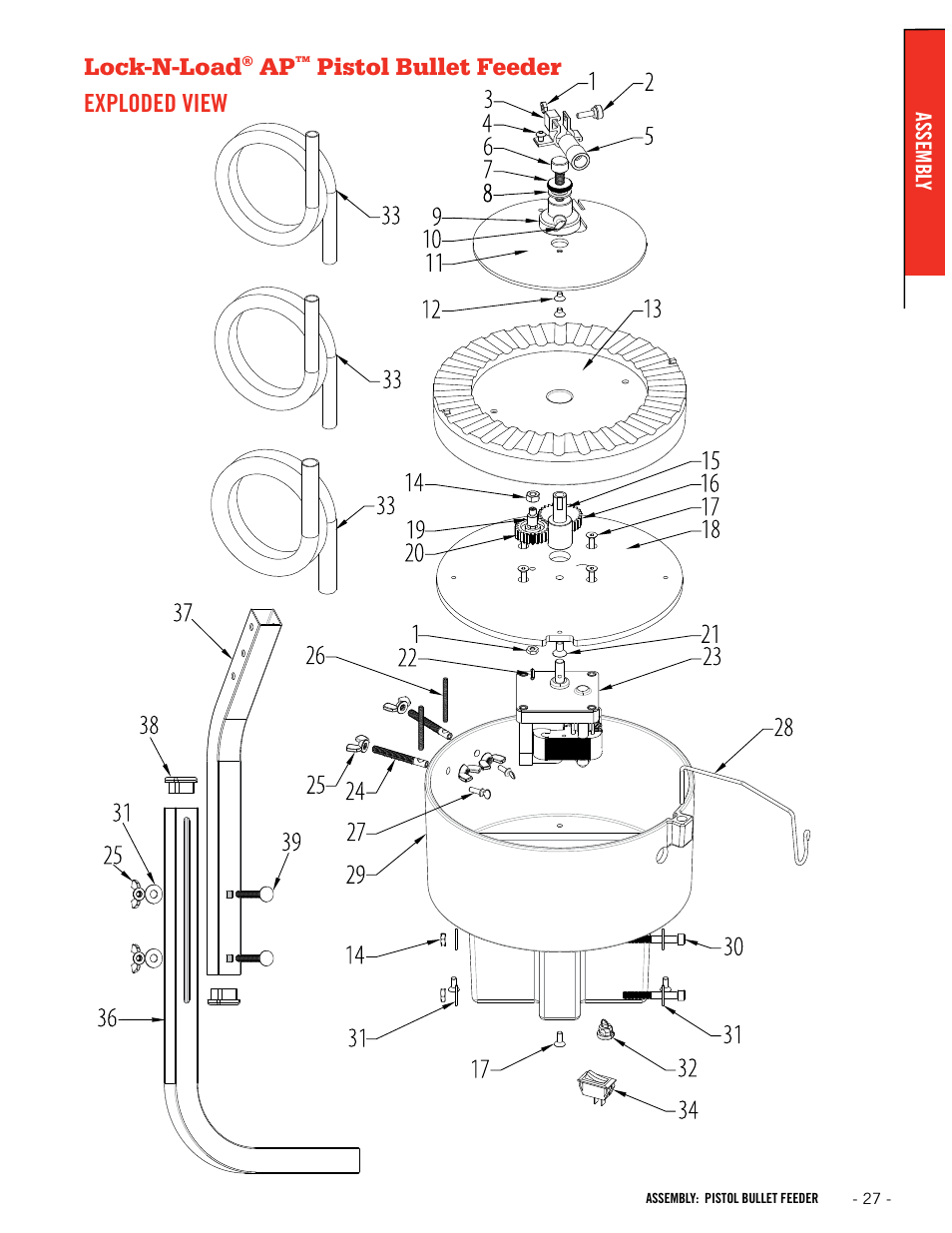 Lock-n-load, Pistol bullet feeder exploded view | Hornady Lock-N-Load Ammo Plant User Manual | Page 27 / 56