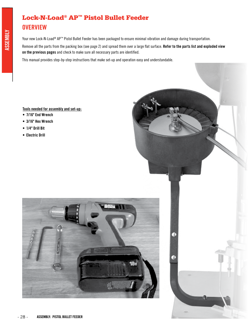 Lock-n-load, Pistol bullet feeder overview, Assembl y | Hornady Lock-N-Load Ammo Plant User Manual | Page 28 / 56