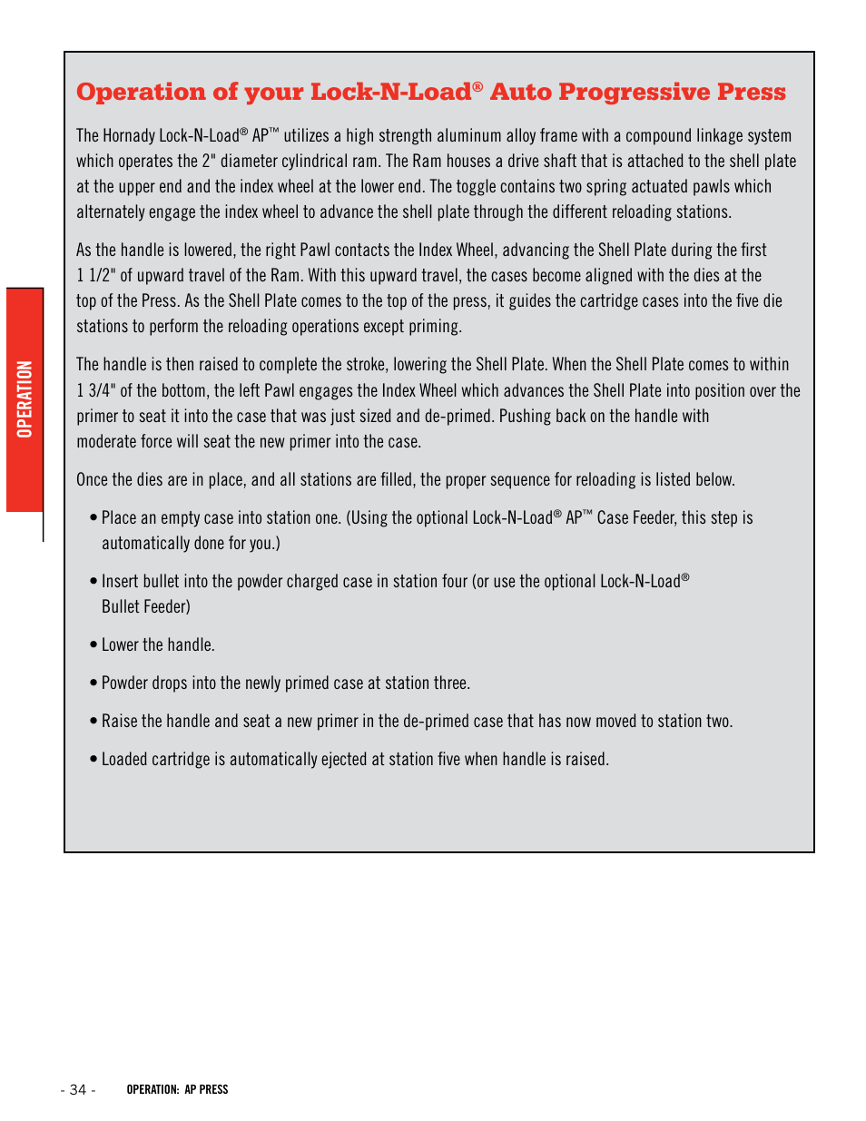 Operation of your lock-n-load, Auto progressive press | Hornady Lock-N-Load Ammo Plant User Manual | Page 34 / 56