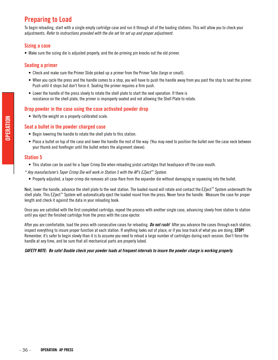 Preparing to load, Opera tion | Hornady Lock-N-Load Ammo Plant User Manual | Page 36 / 56
