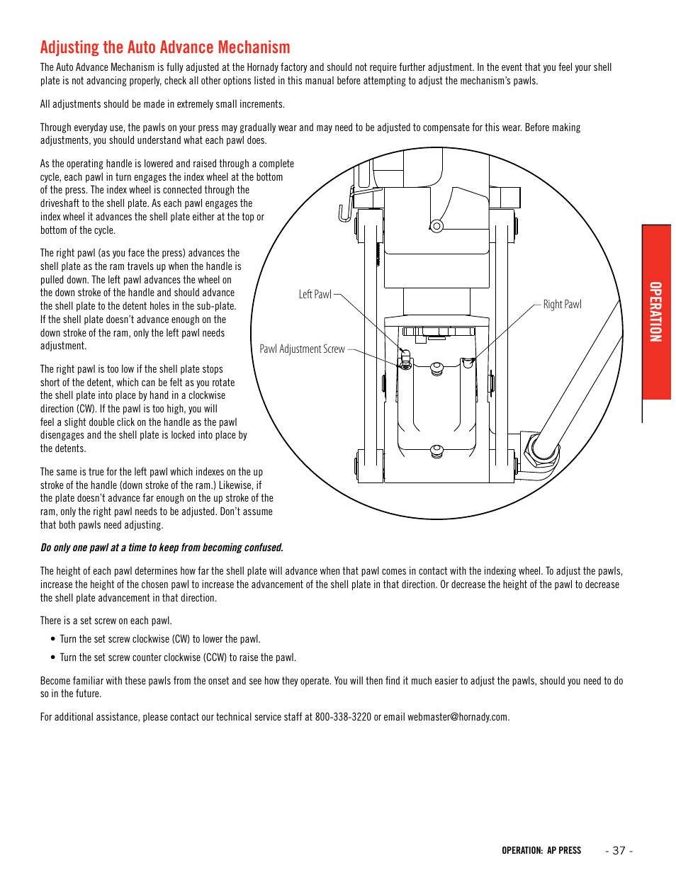 Adjusting the auto advance mechanism, Opera tion | Hornady Lock-N-Load Ammo Plant User Manual | Page 37 / 56