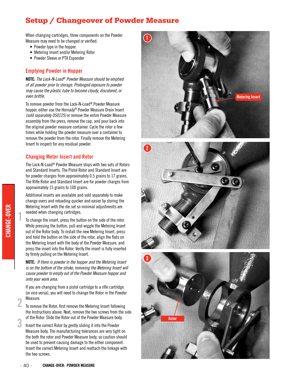Setup / changeover of powder measure, Change-over | Hornady Lock-N-Load Ammo Plant User Manual | Page 40 / 56