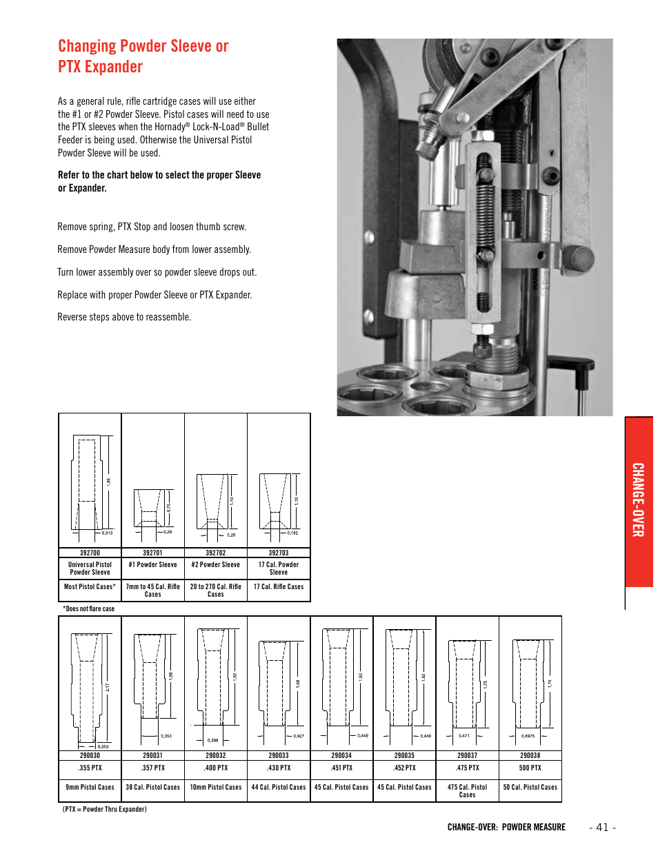 Changing powder sleeve or ptx expander, Change-over | Hornady Lock-N-Load Ammo Plant User Manual | Page 41 / 56