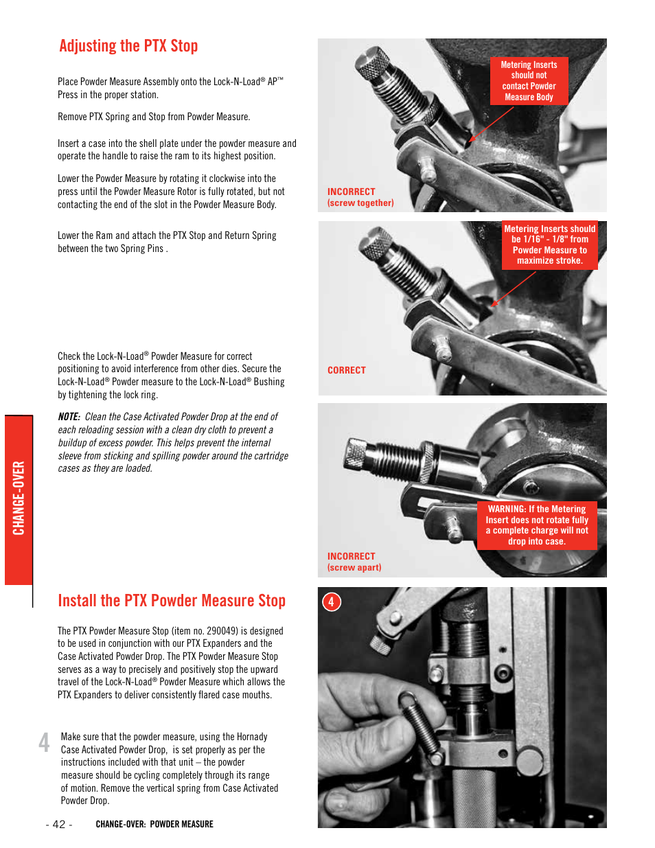 Adjusting the ptx stop, Install the ptx powder measure stop, Change-over | Hornady Lock-N-Load Ammo Plant User Manual | Page 42 / 56