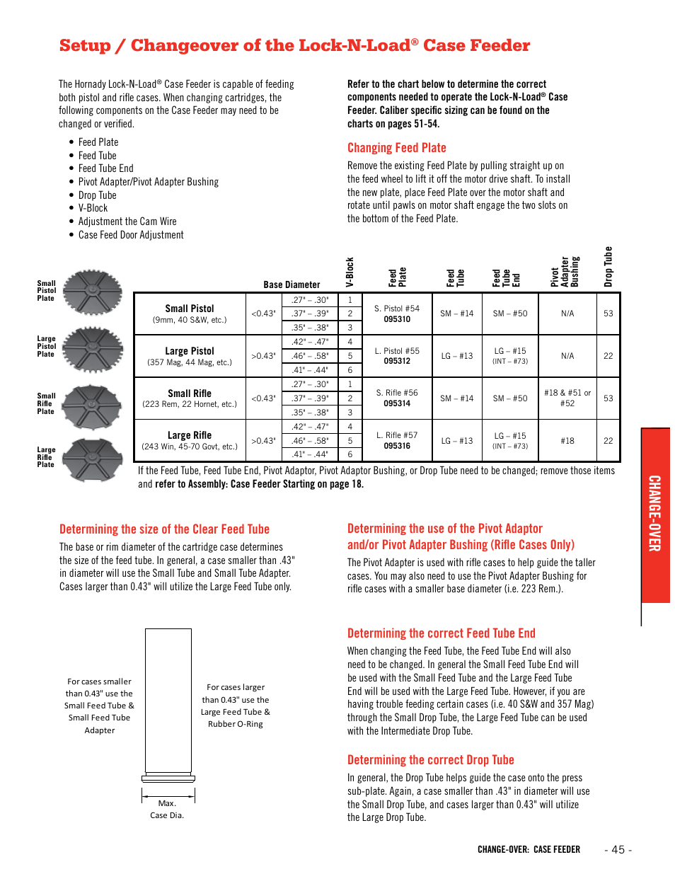 Setup / changeover of the lock-n-load, Case feeder, Change-over | Determining the size of the clear feed tube, Changing feed plate, Determining the correct feed tube end, Determining the correct drop tube | Hornady Lock-N-Load Ammo Plant User Manual | Page 45 / 56
