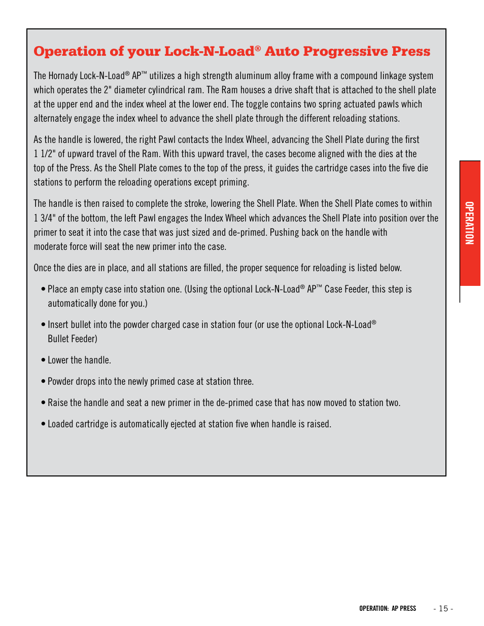 Operation of your lock-n-load, Auto progressive press | Hornady Lock-N-Load AP User Manual | Page 15 / 32
