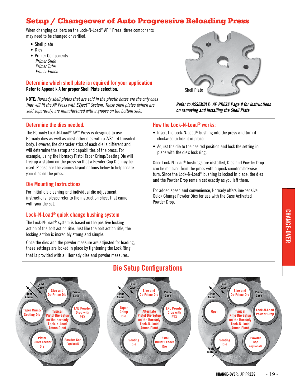 Die setup configurations, Change-over, Determine the dies needed | Die mounting instructions, Lock-n-load, Quick change bushing system, How the lock-n-load, Works | Hornady Lock-N-Load AP User Manual | Page 19 / 32