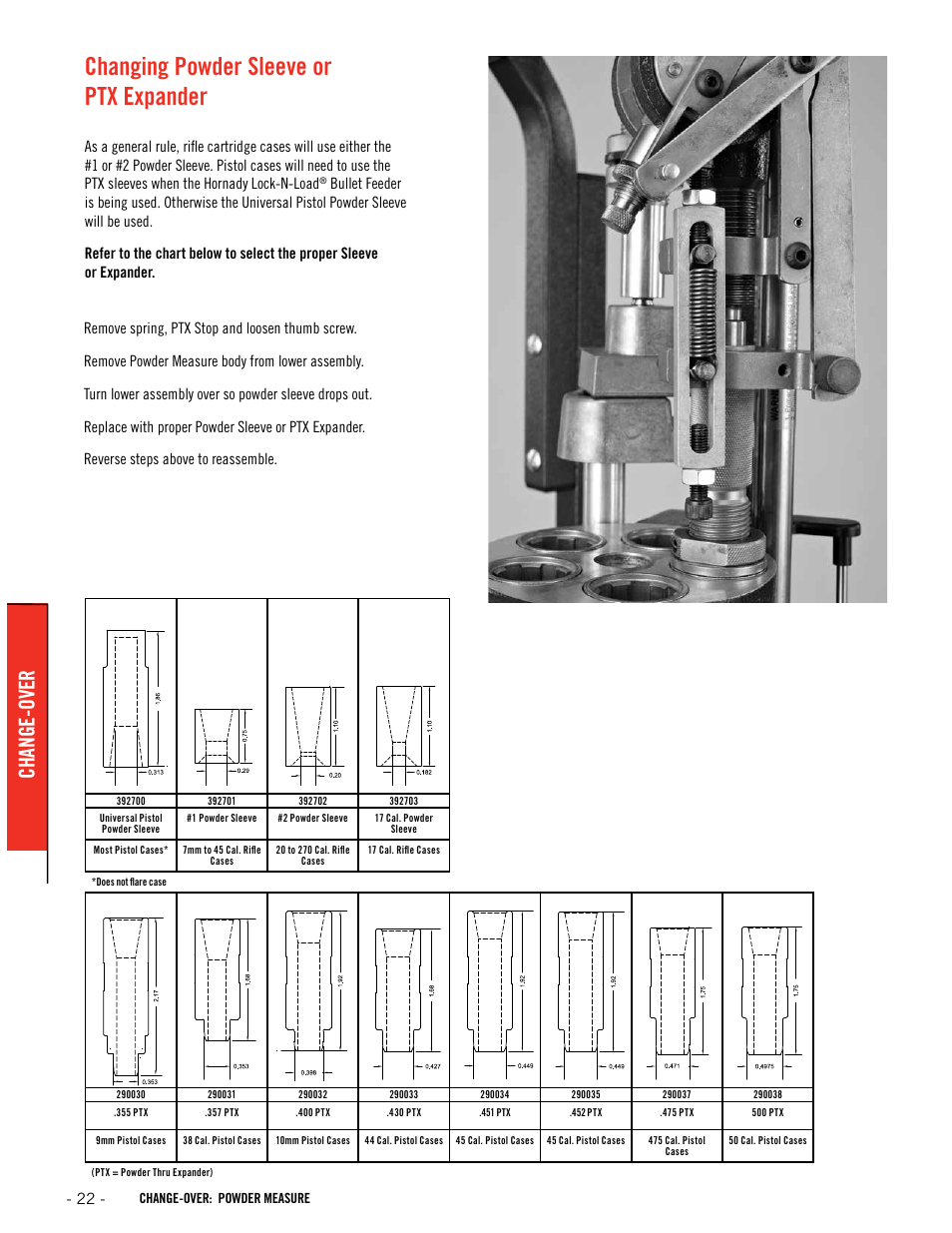Changing powder sleeve or ptx expander, Change-over | Hornady Lock-N-Load AP User Manual | Page 22 / 32