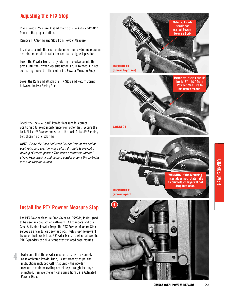 Adjusting the ptx stop, Install the ptx powder measure stop, Change-over | Hornady Lock-N-Load AP User Manual | Page 23 / 32