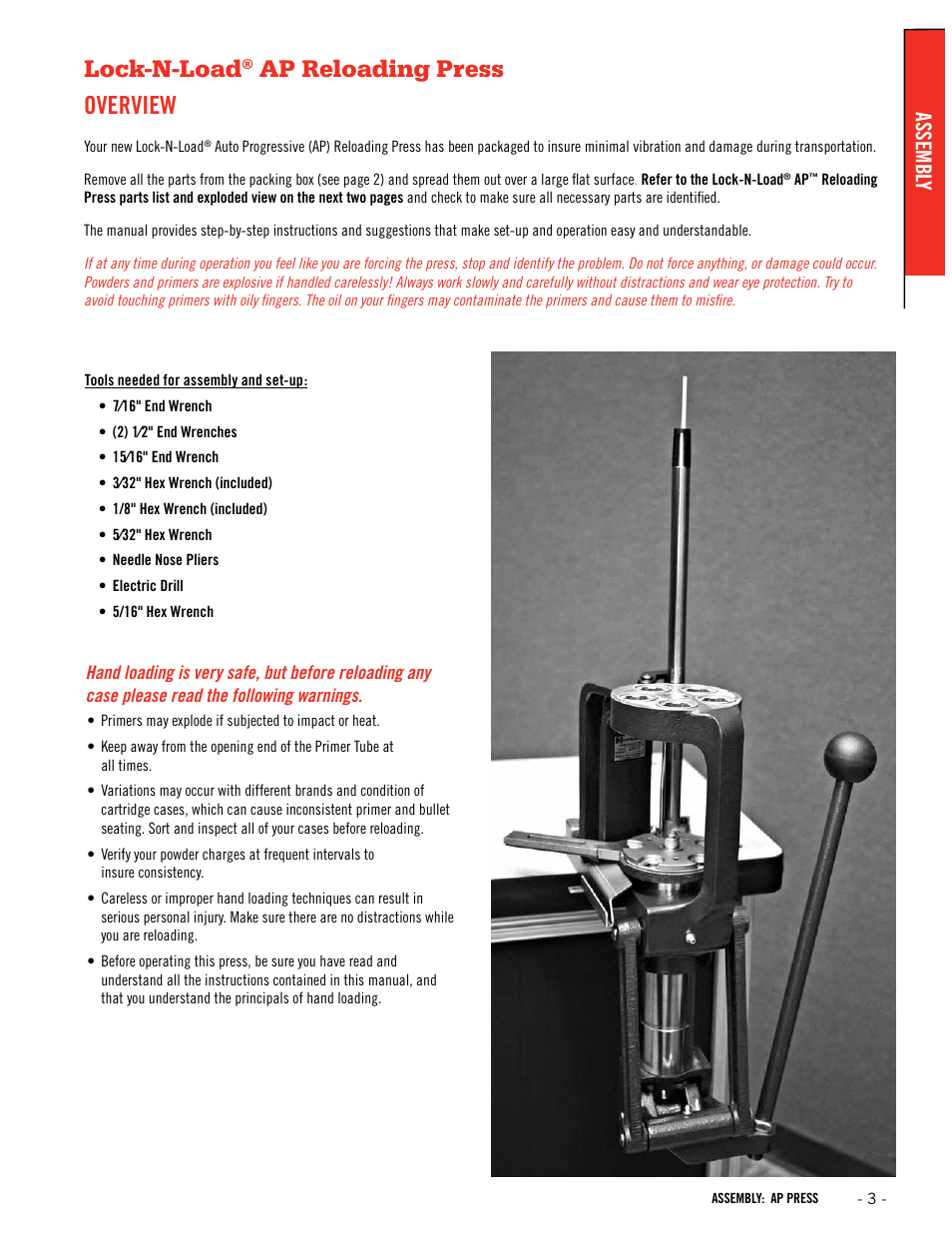 Lock-n-load, Ap reloading press overview, Assembl y | Hornady Lock-N-Load AP User Manual | Page 3 / 32