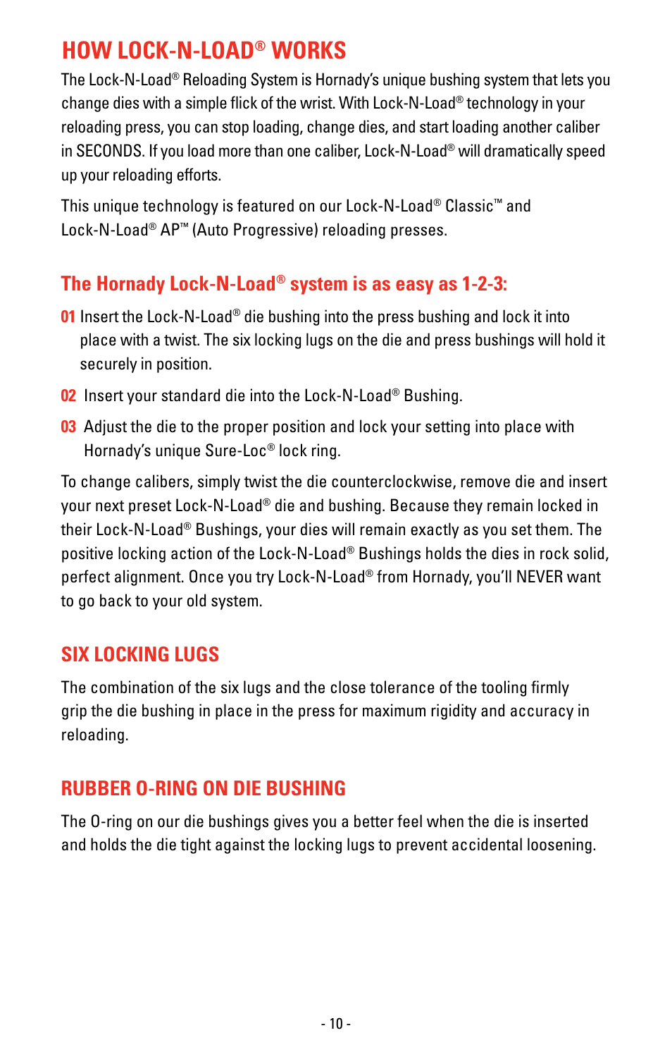 How lock-n-load, Works, The hornady lock-n-load | System is as easy as 1-2-3, Six locking lugs, Rubber o-ring on die bushing | Hornady Lock-N-Load Classic Press User Manual | Page 10 / 12