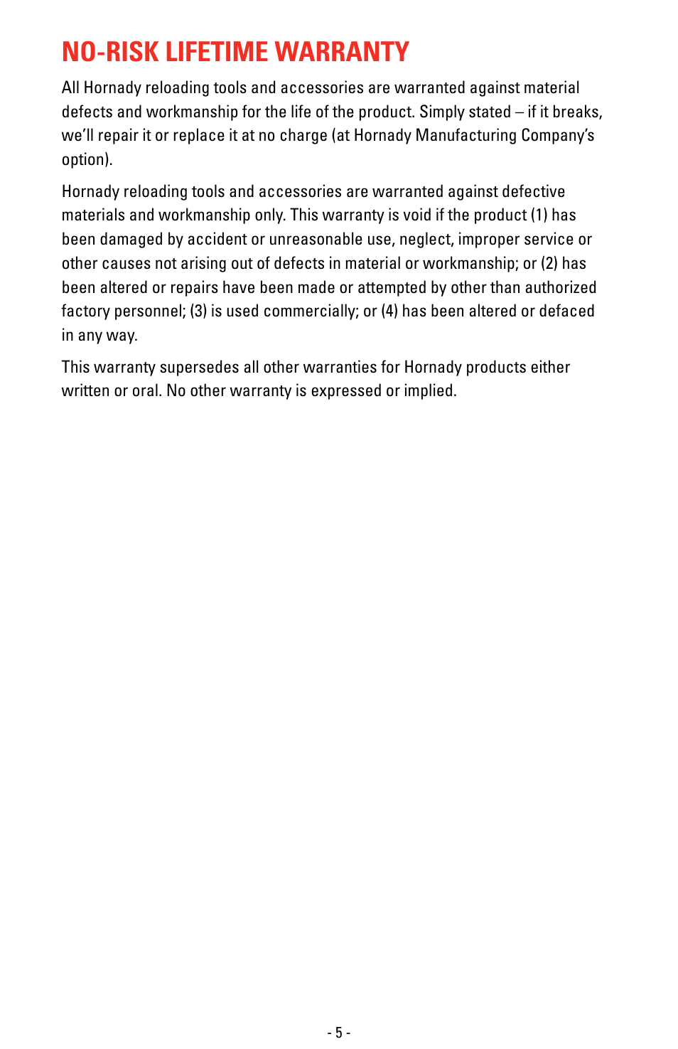 No-risk lifetime warranty | Hornady Lock-N-Load Classic Press User Manual | Page 5 / 12