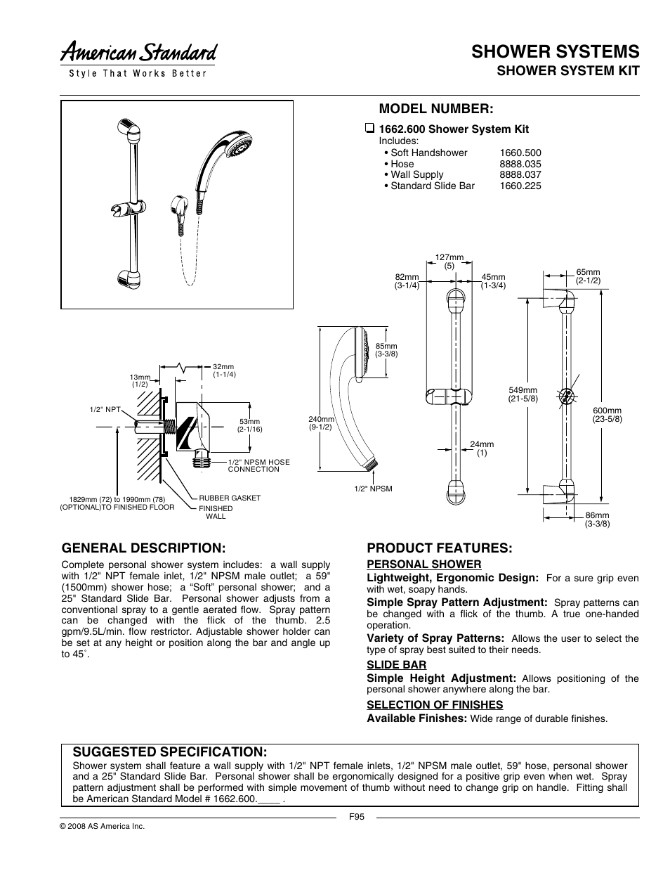 American Standard Shower System Kit 1662.600 User Manual | 2 pages