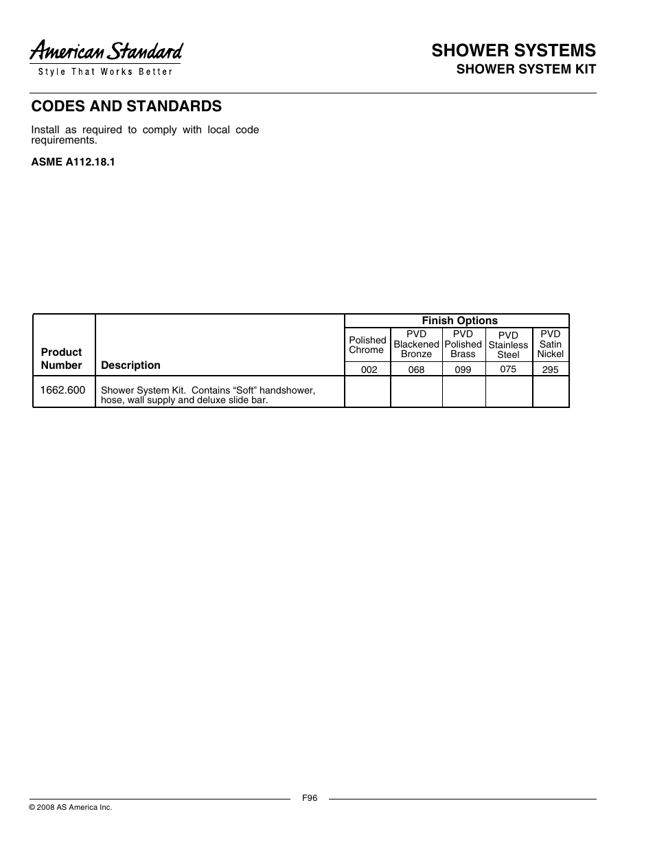 Shower systems, Codes and standards, Shower system kit product features | Model number, Suggested specification, General description | American Standard Shower System Kit 1662.600 User Manual | Page 2 / 2