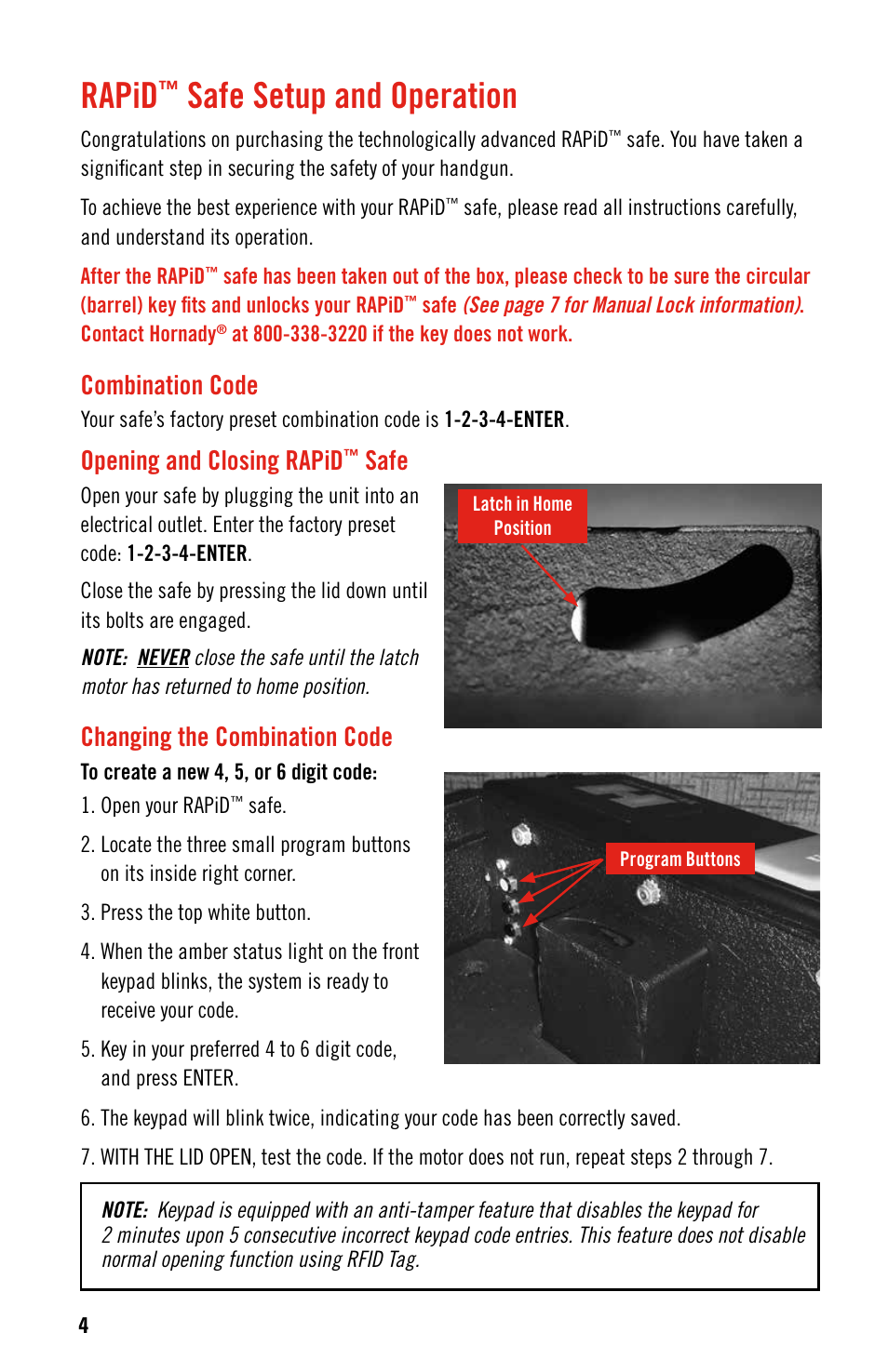 Rapid, Safe setup and operation, Combination code | Opening and closing rapid, Safe, Changing the combination code | Hornady RAPid Safe User Manual | Page 4 / 12