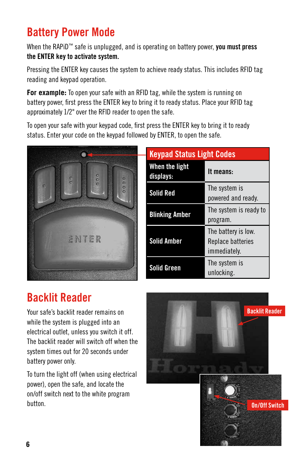 Battery power mode, Backlit reader | Hornady RAPid Safe User Manual | Page 6 / 12