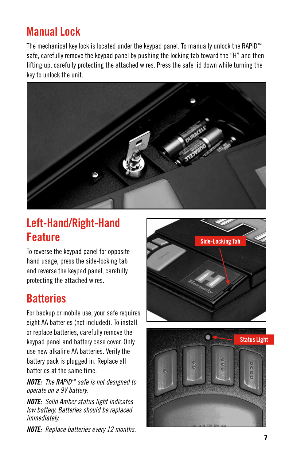 Manual lock, Left-hand/right-hand feature, Batteries | Hornady RAPid Safe User Manual | Page 7 / 12
