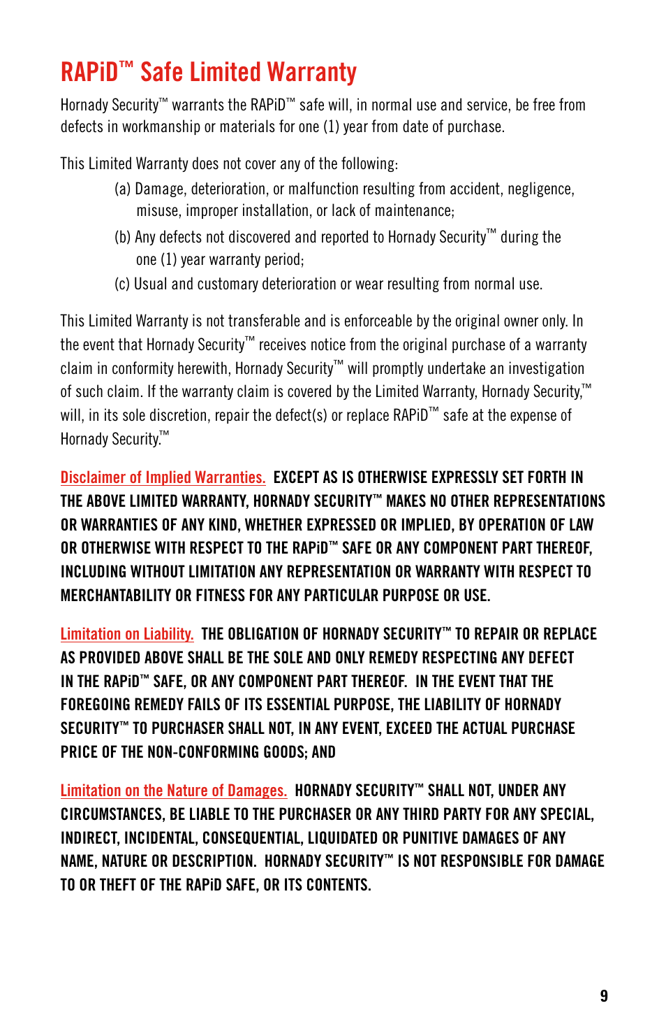Rapid, Safe limited warranty | Hornady RAPid Safe User Manual | Page 9 / 12