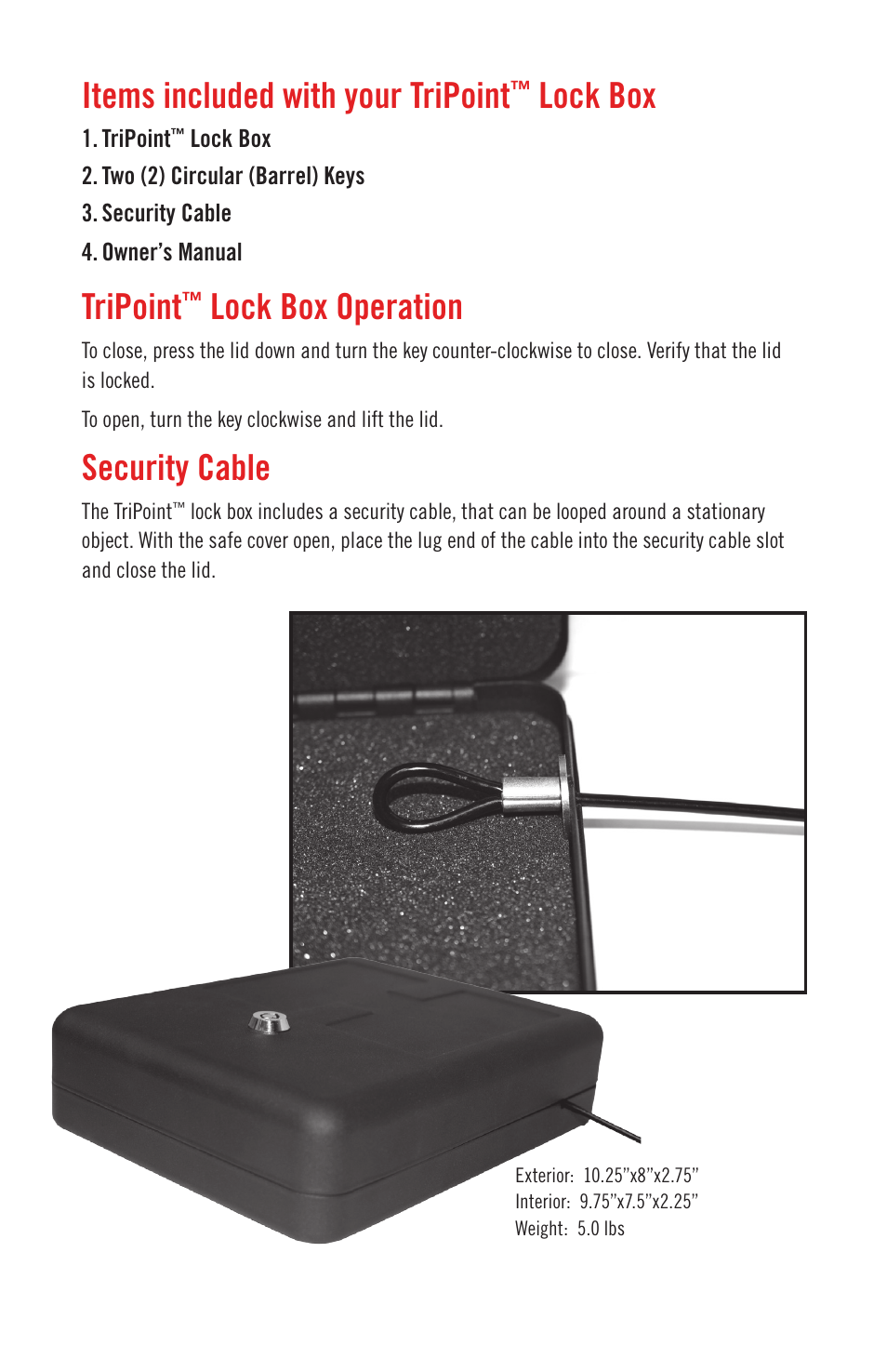 Tripoint, Lock box operation, Security cable | Items included with your tripoint, Lock box | Hornady TriPoint Lock Box User Manual | Page 3 / 6