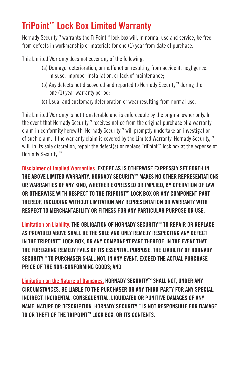 Tripoint, Lock box limited warranty | Hornady TriPoint Lock Box User Manual | Page 4 / 6