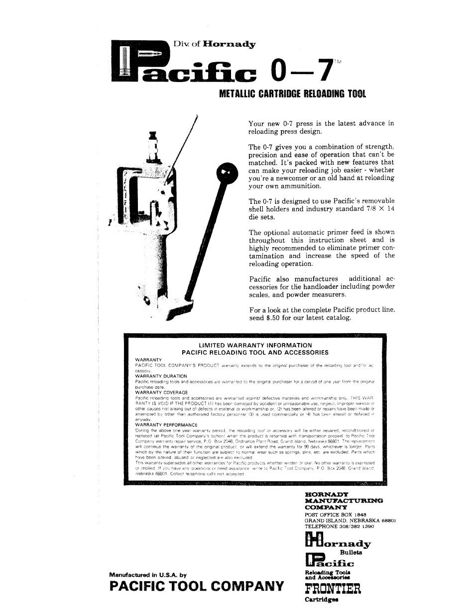 Hornady 0-7 Metallic Reloading Press User Manual | 4 pages