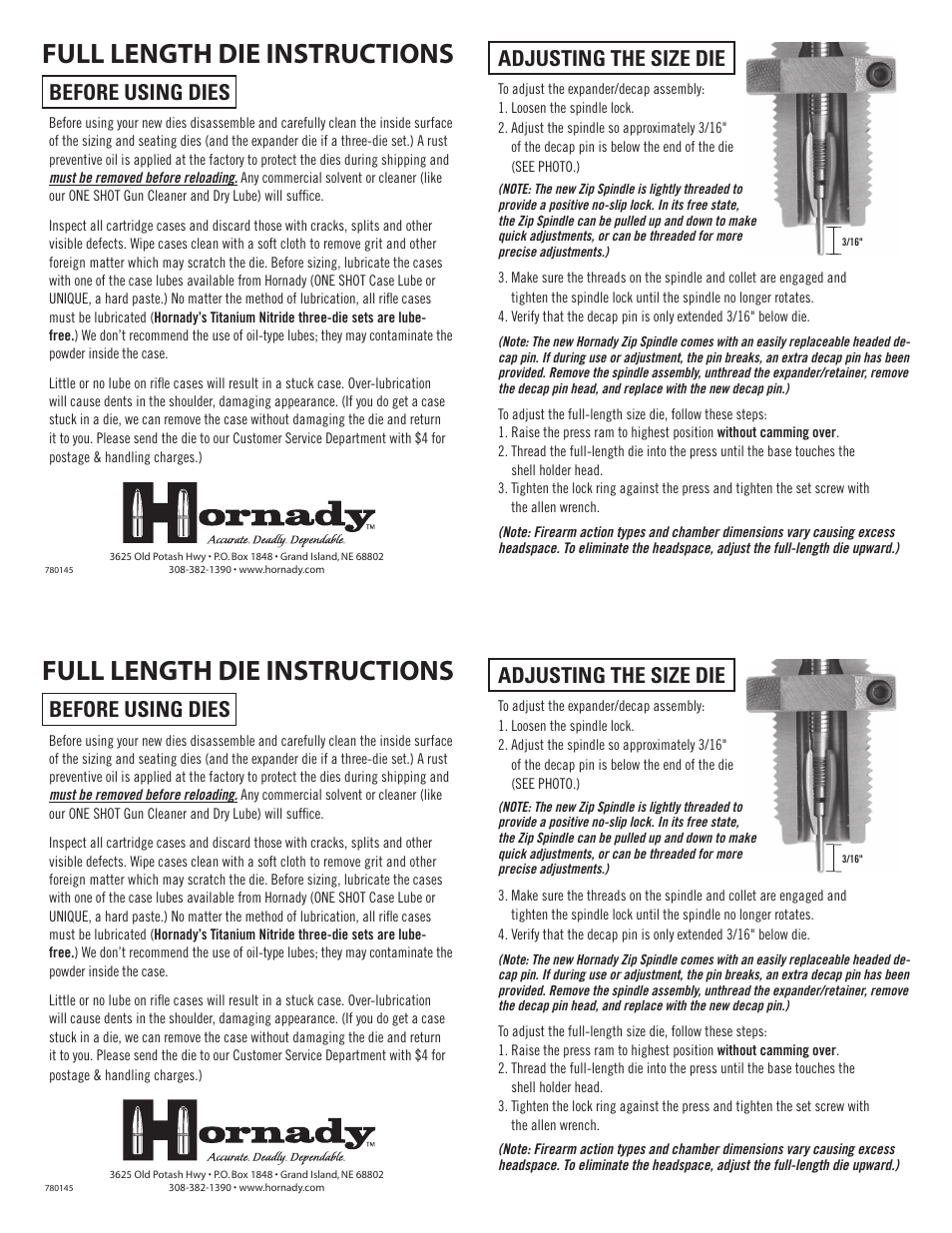 Hornady Full Length Dies User Manual | 1 page