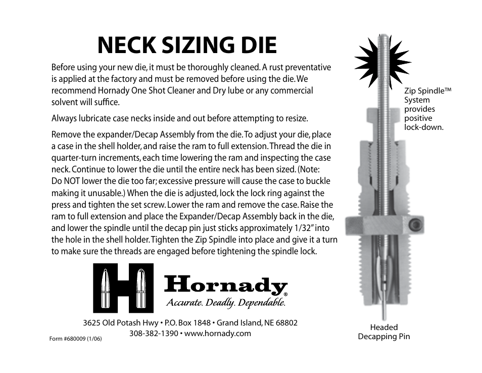 Hornady Neck Size Die User Manual | 1 page