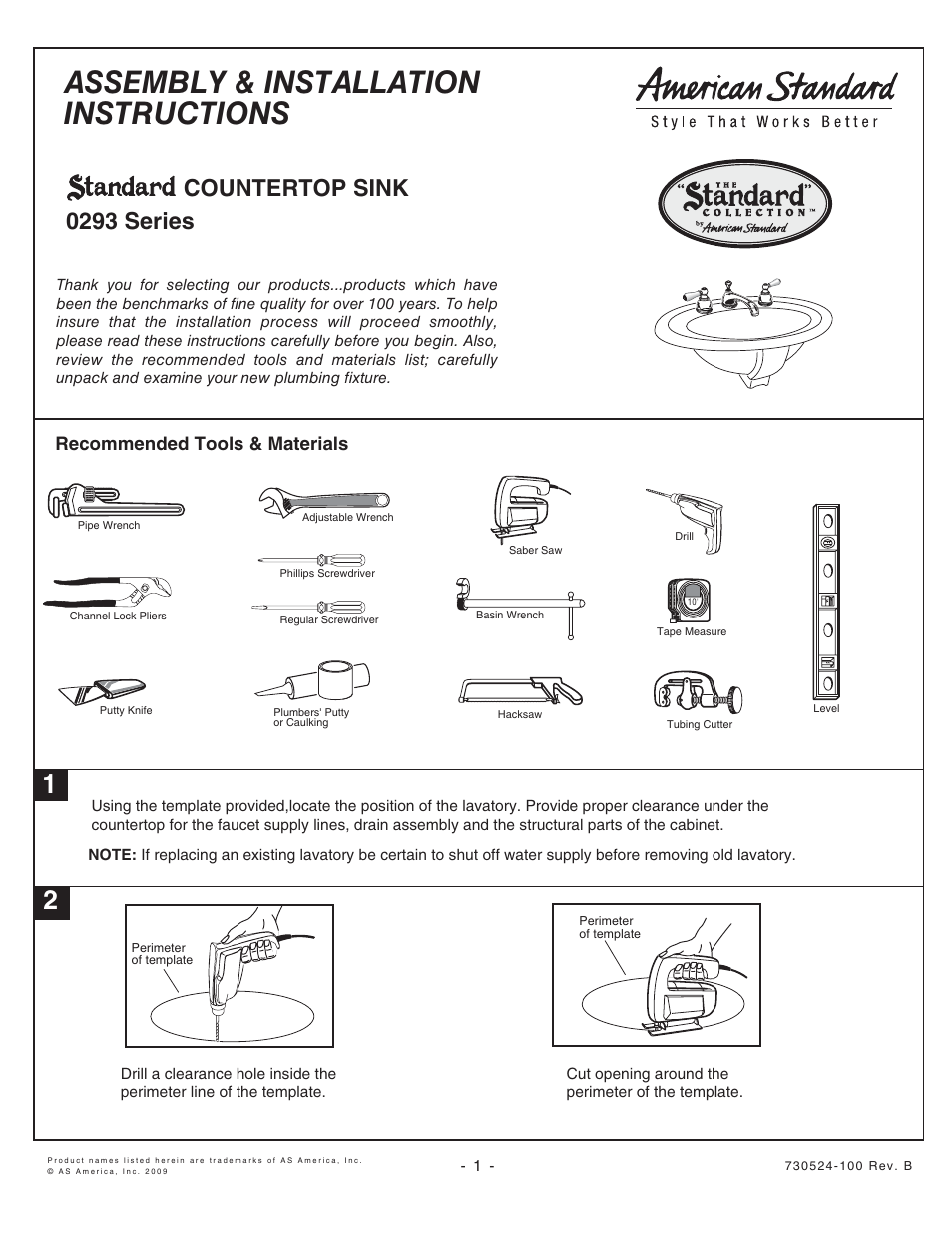 American Standard COUNTERTOP SINK 293 User Manual | 2 pages