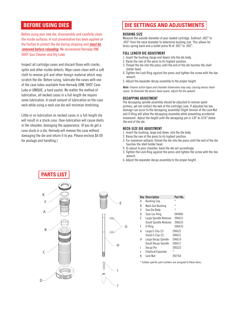 Parts list, Die settings and adjustments, Before using dies | Hornady New Dimension Match Grade Dies User Manual | Page 2 / 3