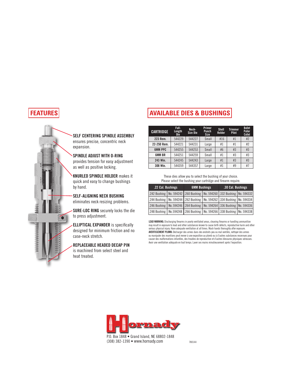 Available dies & bushings, Features | Hornady New Dimension Match Grade Dies User Manual | Page 3 / 3