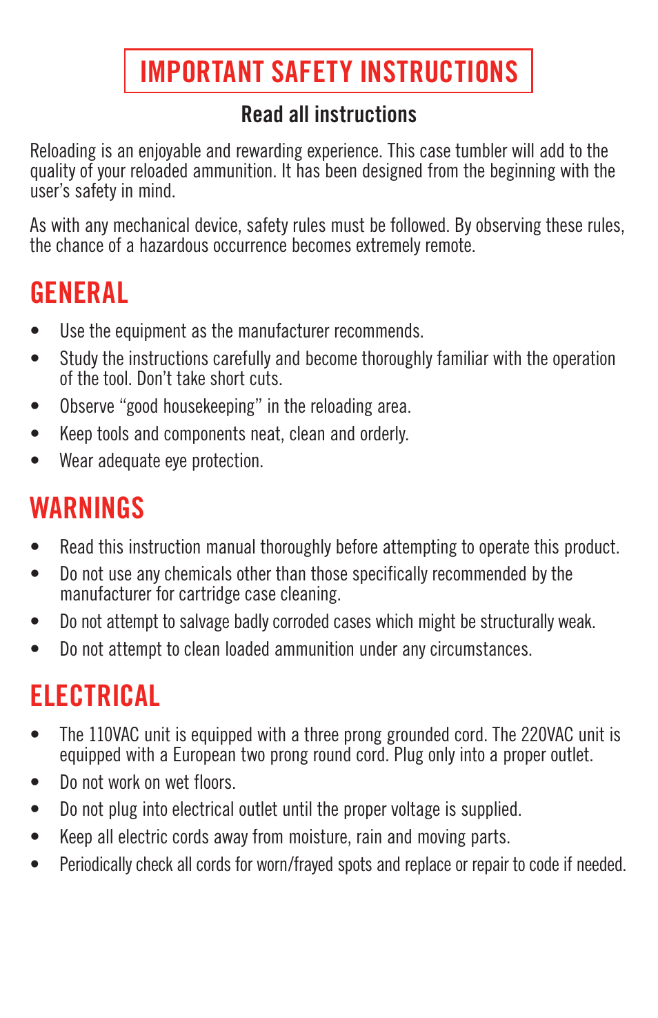 Important safety instructions, General, Warnings | Electrical | Hornady Case Tumbler User Manual | Page 2 / 8