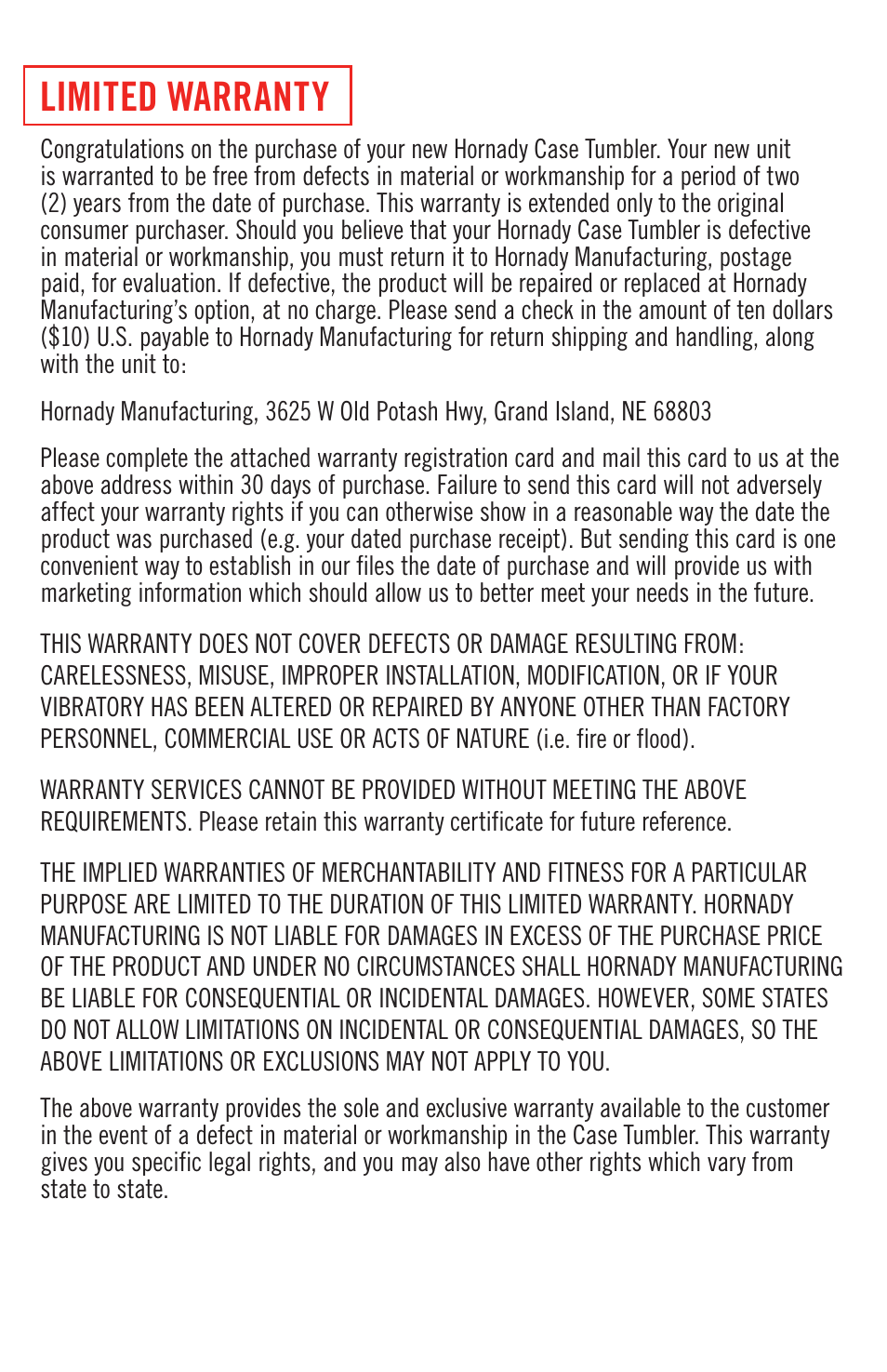 Limited warranty | Hornady Case Tumbler User Manual | Page 7 / 8