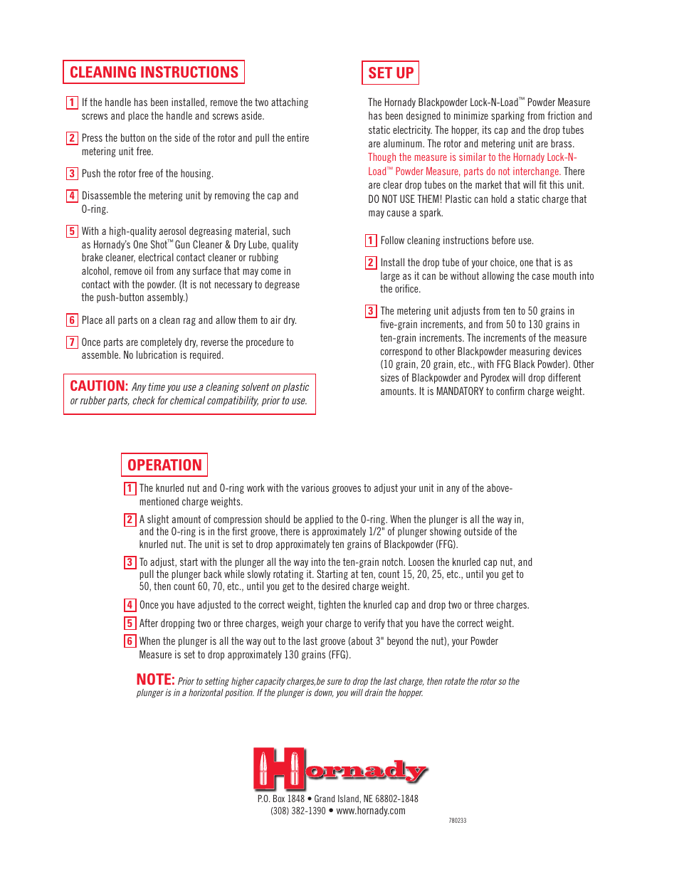 Set up, Cleaning instructions, Operation | Caution | Hornady Blackpowder Lock-N-Load Powder Measure User Manual | Page 2 / 2