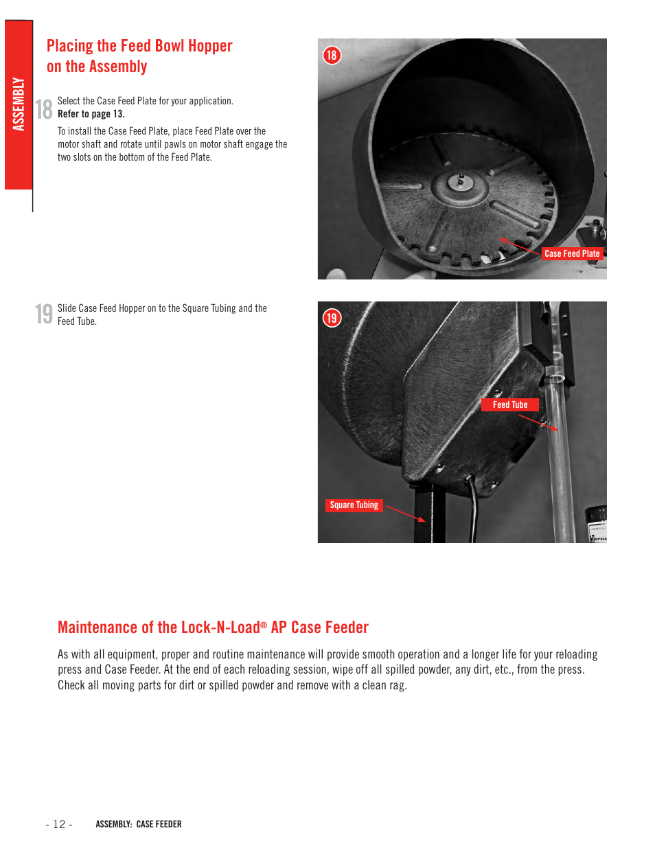 Placing the feed bowl hopper on the assembly, Maintenance of the lock-n-load, Ap case feeder | Hornady Lock-N-Load Case Feeder User Manual | Page 12 / 20