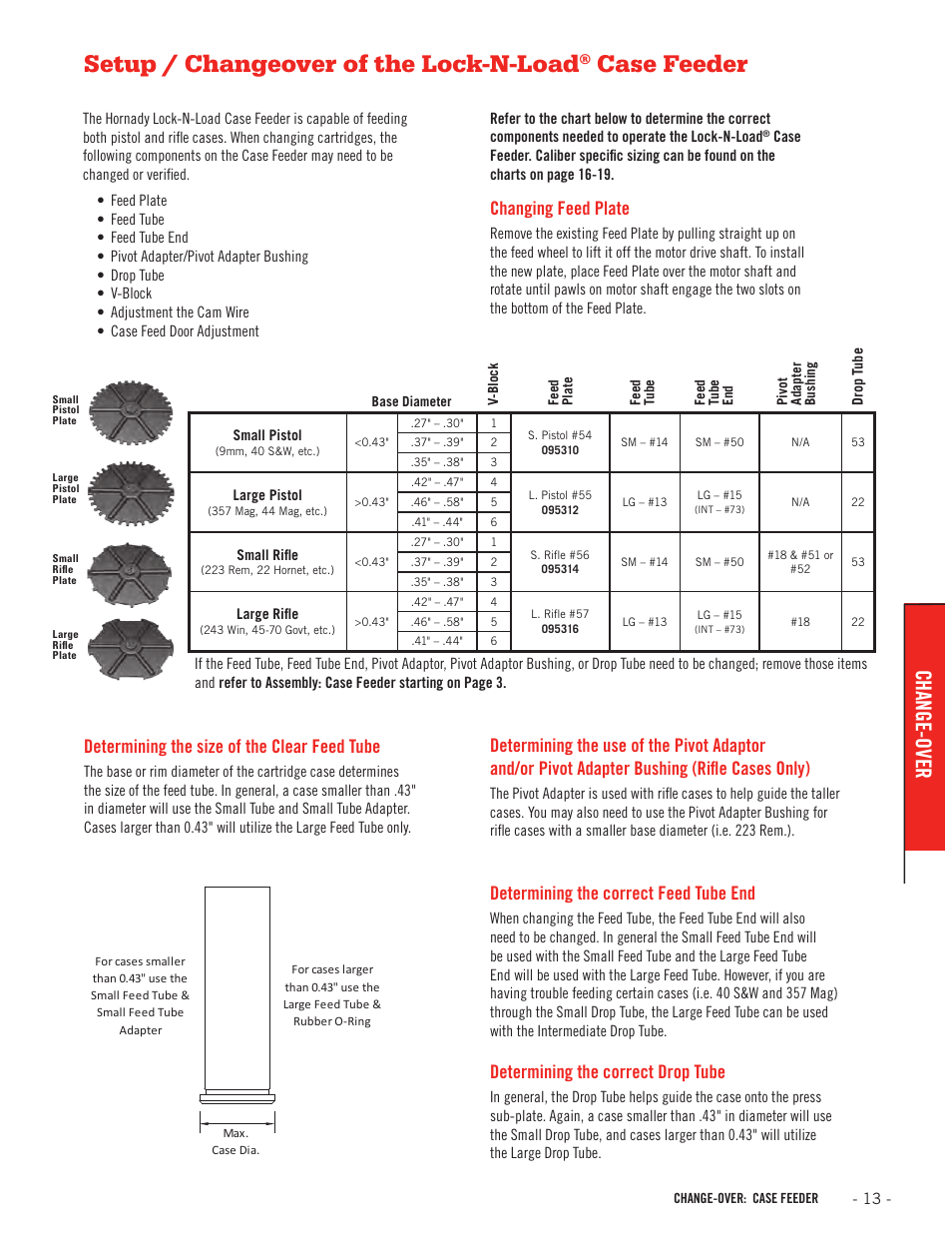 Setup / changeover of the lock-n-load, Case feeder, Change-over | Determining the size of the clear feed tube, Determining the correct feed tube end, Changing feed plate, Determining the correct drop tube | Hornady Lock-N-Load Case Feeder User Manual | Page 13 / 20