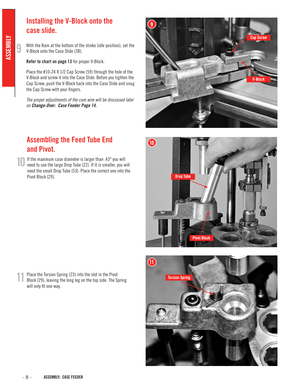 Installing the v-block onto the case slide, Assembling the feed tube end and pivot | Hornady Lock-N-Load Case Feeder User Manual | Page 8 / 20