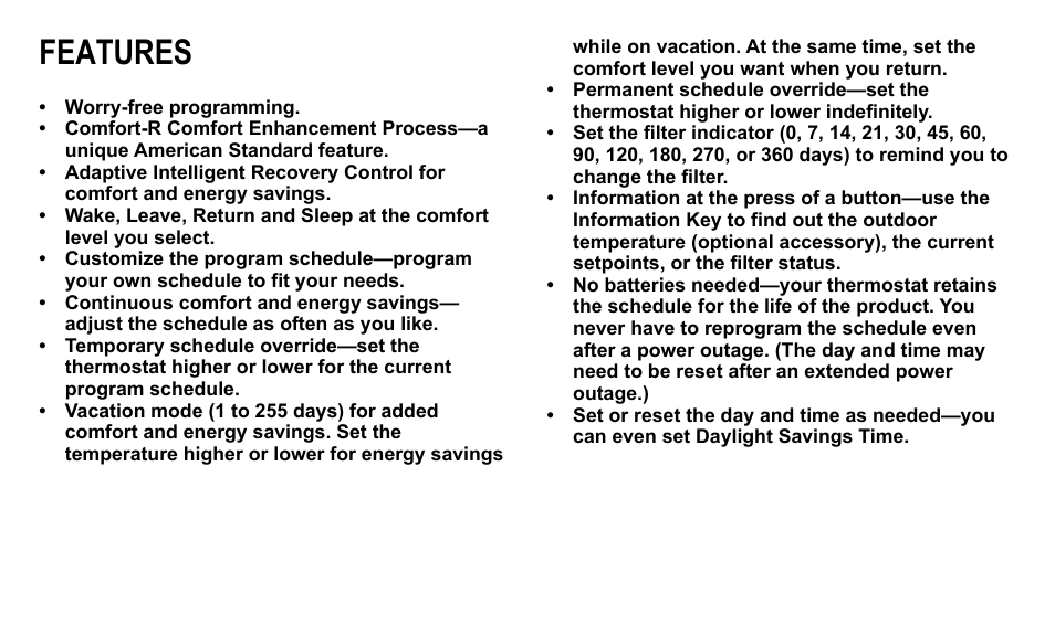 Features | American Standard ASYSTAT500C User Manual | Page 10 / 68