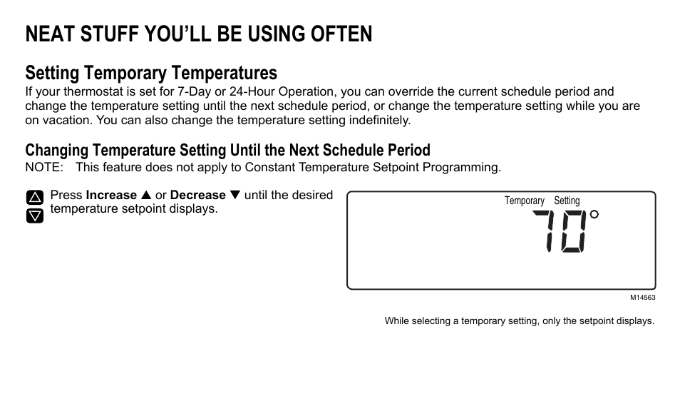 Neat stuff you’ll be using often, Setting temporary temperatures | American Standard ASYSTAT500C User Manual | Page 15 / 68