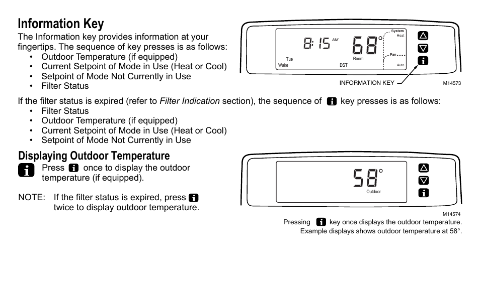 Information key, Displaying outdoor temperature | American Standard ASYSTAT500C User Manual | Page 24 / 68