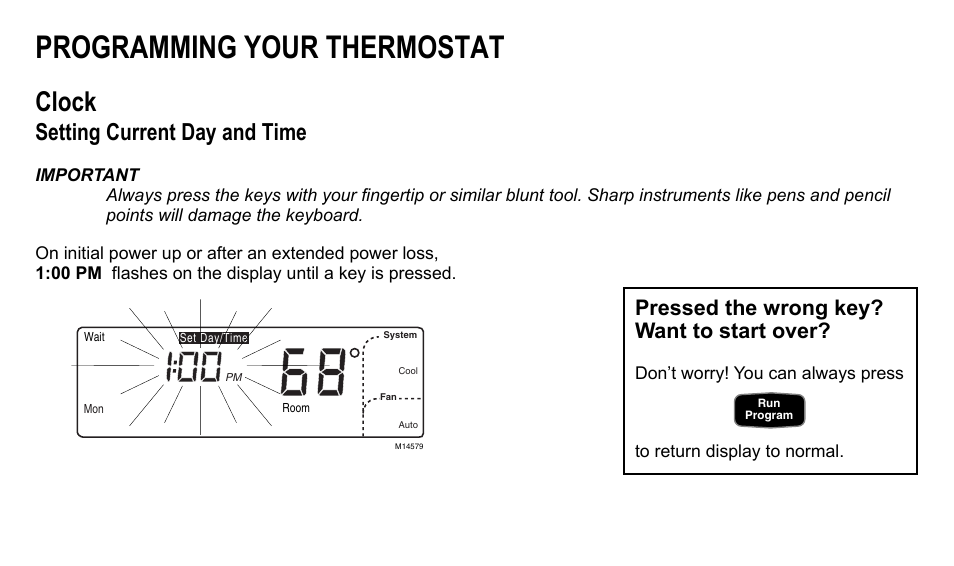 Programming your thermostat, Clock, Setting current day and time | Pressed the wrong key? want to start over | American Standard ASYSTAT500C User Manual | Page 29 / 68