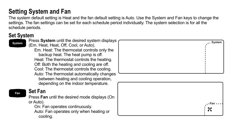 Setting system and fan, Set system, Set fan | American Standard ASYSTAT500C User Manual | Page 32 / 68