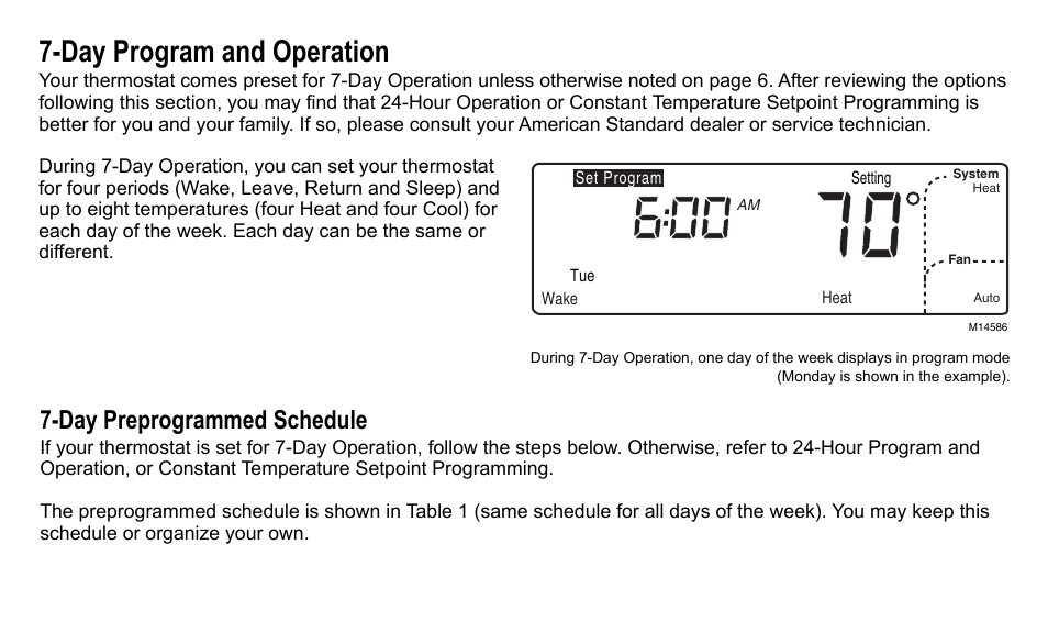 Day program and operation, Day preprogrammed schedule | American Standard ASYSTAT500C User Manual | Page 33 / 68