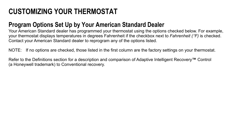 Customizing your thermostat | American Standard ASYSTAT500C User Manual | Page 5 / 68