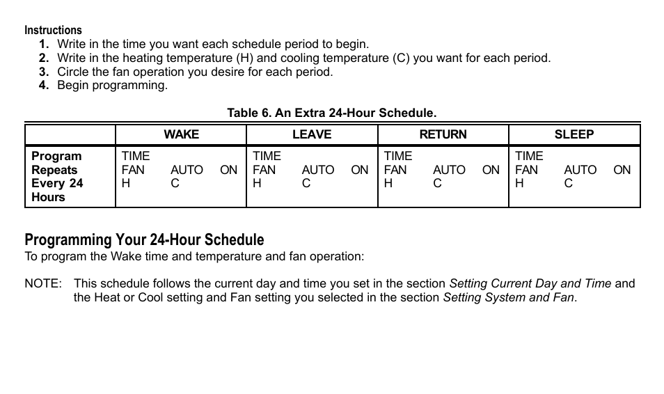Programming your 24-hour schedule | American Standard ASYSTAT500C User Manual | Page 52 / 68