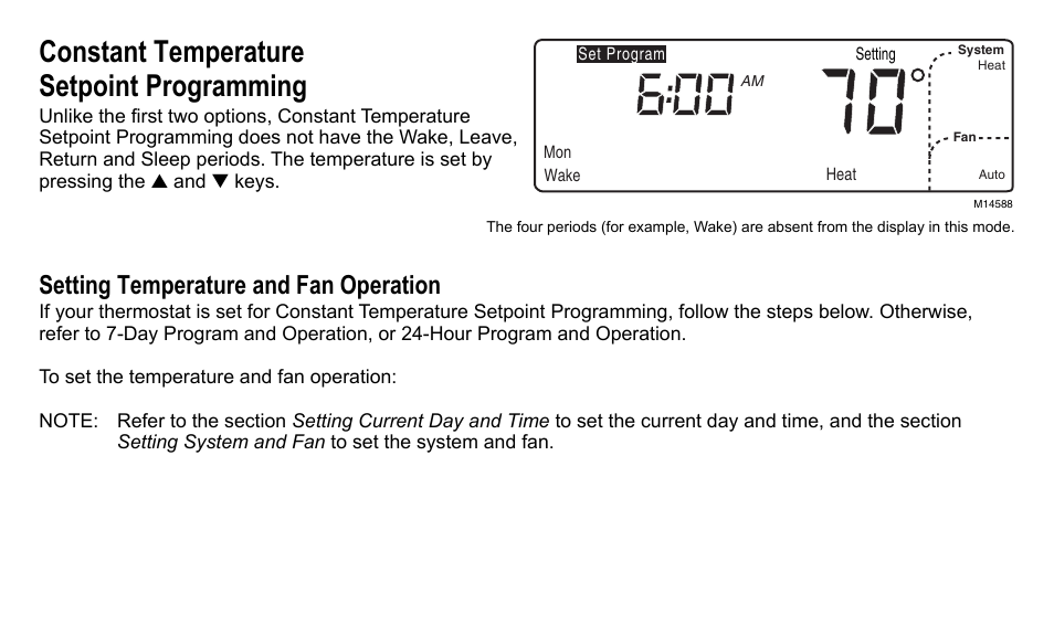 Constant temperature setpoint programming, Setting temperature and fan operation | American Standard ASYSTAT500C User Manual | Page 57 / 68