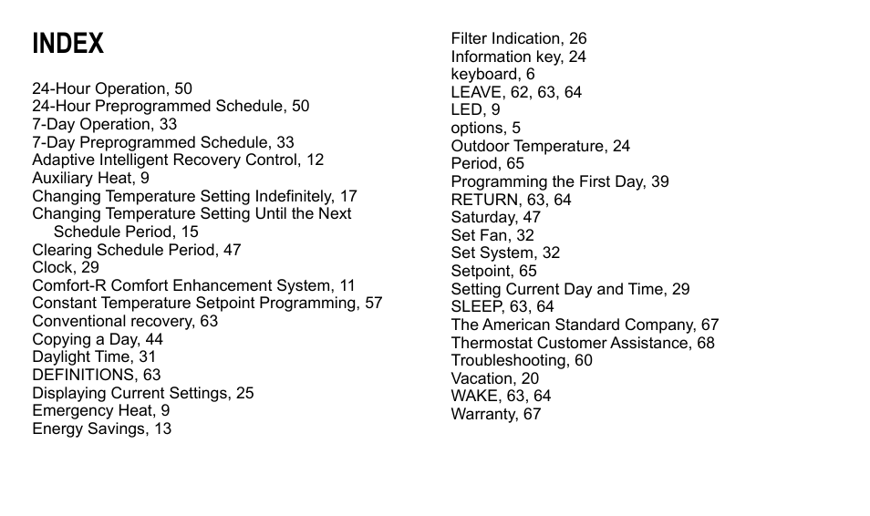 Index | American Standard ASYSTAT500C User Manual | Page 66 / 68