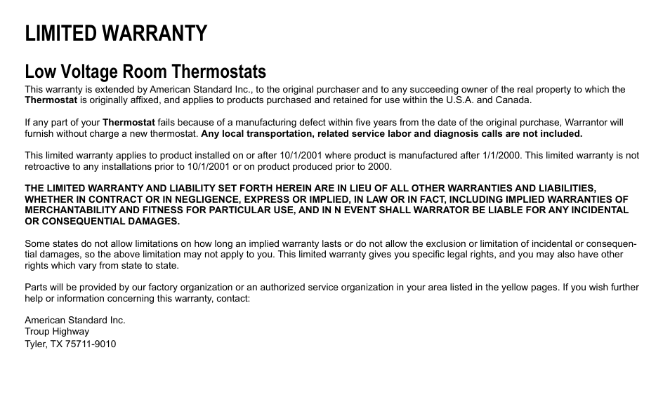 Limited warranty, Low voltage room thermostats | American Standard ASYSTAT500C User Manual | Page 67 / 68