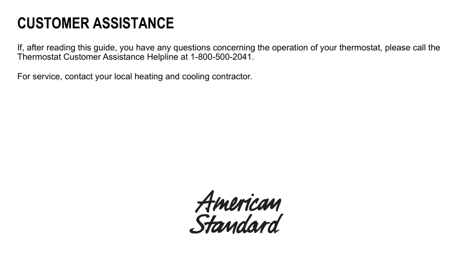 Customer assistance | American Standard ASYSTAT500C User Manual | Page 68 / 68
