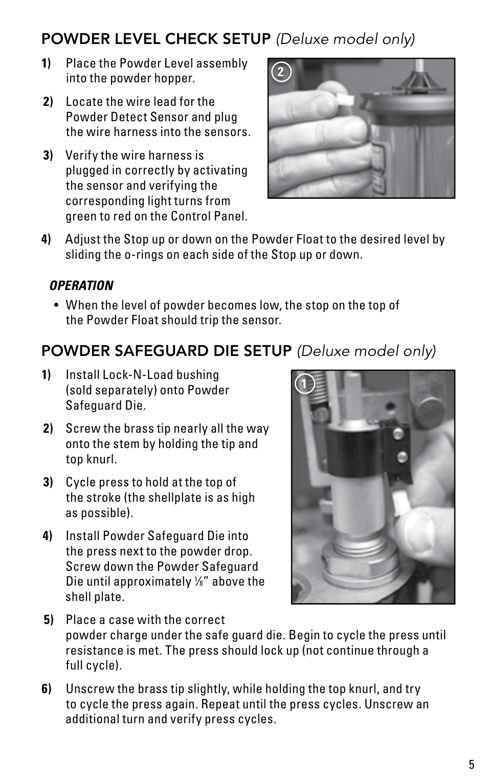 Powder level check setup (deluxe model only), Powder safeguard die setup (deluxe model only) | Hornady Lock-N-Load Control Panel User Manual | Page 5 / 8