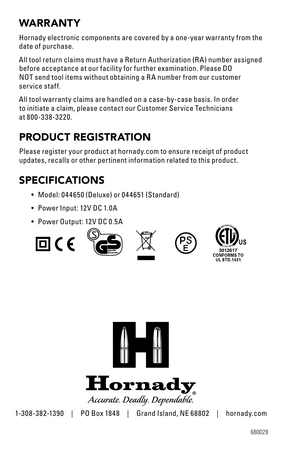 Warranty, Product registration, Specifications | Hornady Lock-N-Load Control Panel User Manual | Page 8 / 8